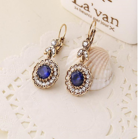 Xye238-pendientes colgantes de cristal para mujer, aretes, oro antiguo, estilo bohemio, piedra azul, flor ► Foto 1/1