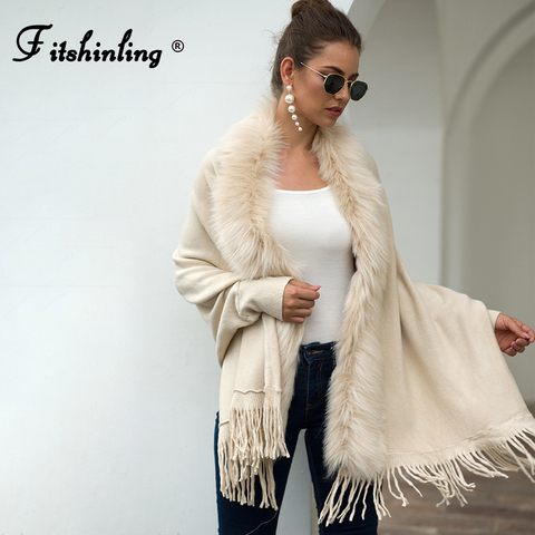 Fitshinling-chales de Cuello de piel para mujer, chales y envolturas bohemios con flecos de gran tamaño, Ponchos y capas de invierno, cárdigan de manga de murciélago ► Foto 1/6