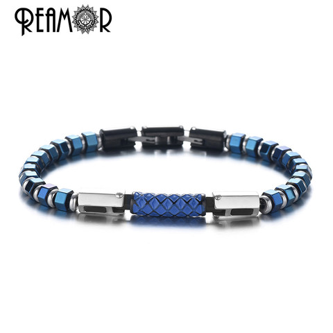 REAMOR-pulsera de lujo con conector de acero inoxidable para hombre y mujer, artesanía esmaltada azul, brazalete de hematita azul con cierre desmontable, joyería ► Foto 1/6