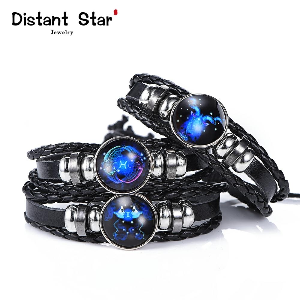 Pulsera luminosa de 12 constelación para hombre, pulsera de cuero, dijes, pulseras Aries, Aquarius Leo Escorpio ► Foto 1/6