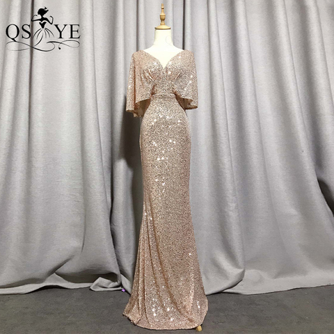 QSYYE-Vestidos de Noche dorados de estilo sirena manga corta, vestido de noche Sexy con cuello de pico, Mangas de murciélago brillantes, vestido Formal de fiesta ► Foto 1/6