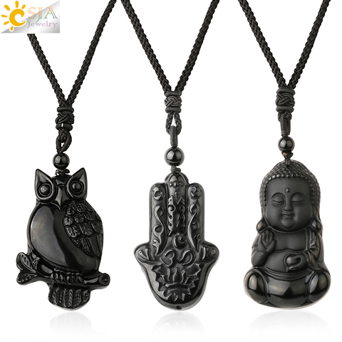 CSJA-collar de obsidiana para hombre, colgante de piedra Natural para Yoga, escultura de Buda, árbol de la vida, búho, joyería de meditación, G644 ► Foto 1/6