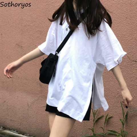 Camiseta niñas sólido corto manga hendidura Harajuku estilo coreano Ins de moda de ocio Simple-Encuentro de gran tamaño para mujer camiseta ► Foto 1/6