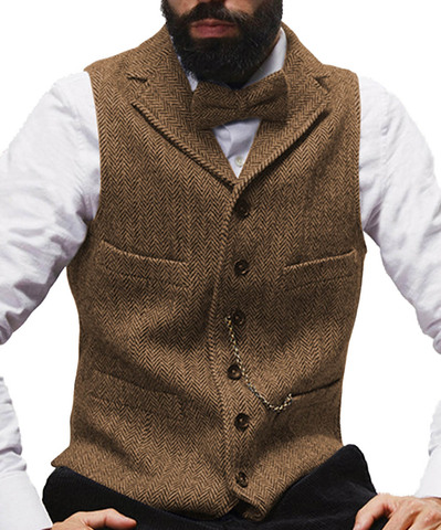 Traje con solapa y cuello en V para hombre, chaleco Formal de negocios de lana con diseño de espiga, color verde, Borgoña y marrón ► Foto 1/6