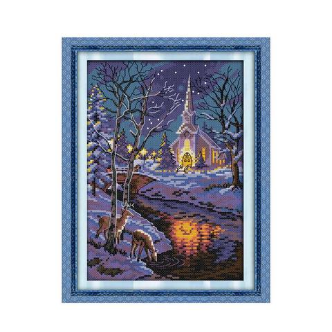 Paisaje nocturno de Invierno 2, kit de punto de cruz aida 14ct 11ct, lienzo estampado con cuentas, puntadas, bordado artesanal, costura ► Foto 1/1