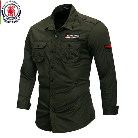 Fredd Marshall 2022 nueva camisa militar 100% algodón hombres manga larga casual vestido camisa masculina cargo trabajo camisas con bordado 115 ► Foto 1/6