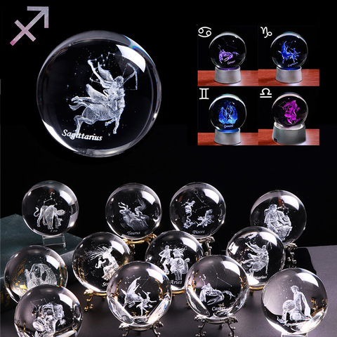 Signo del zodiaco 3D, bola de cristal estrellas, grabado láser, vidrio, esfera de cristal, artesanía, decoración del hogar, regalos de cumpleaños, 60mm/80mm ► Foto 1/5