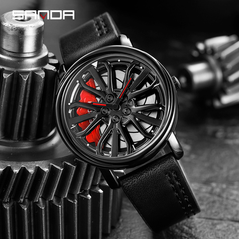 Venta caliente de los hombres de la moda relojes creativo de 360 grados de rotación de la rueda del coche de cuero reloj de cuarzo impermeable llanta, cubo reloj hombres reloj ► Foto 1/6