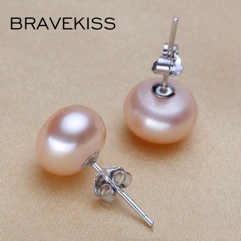 BRAVEKISS, pendientes de perlas naturales de agua dulce 925, pendientes tipo botón de plata fina para mujer, Perno elegante rosa, joyería sencilla BAE0003 ► Foto 1/6