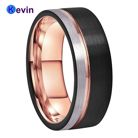 Anillo de carburo de tungsteno para hombre y mujer, anillo de oro rosa negro con ranura Offset y acabado de cepillo ► Foto 1/6