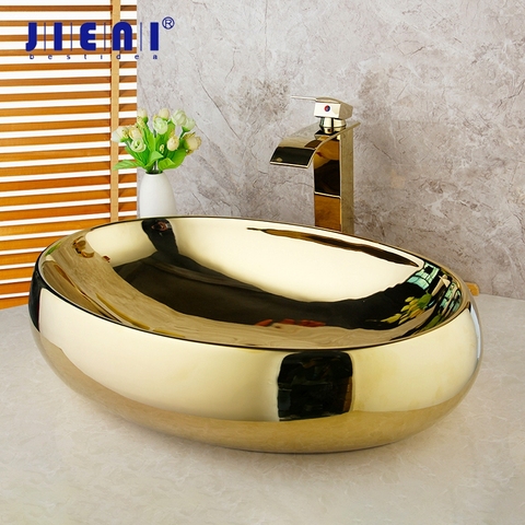 JIENI-grifo de latón macizo para baño, lavabo de cerámica chapado en oro, conjunto de cuencos, lavabo, fregadero con drenaje Pop, dorado pulido ► Foto 1/6