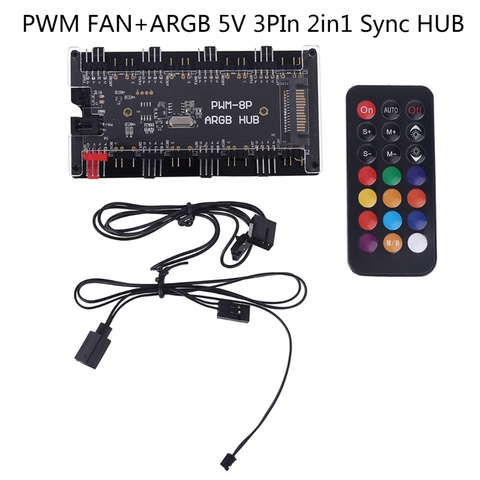 Ventilador PWM + LED ARGB 2 en 1, sincronización, controlador inalámbrico, 1 a 8 divisores, 5V, 3 pines, RGB, adaptador de ventilador de 4 pines, direccionable AURA ► Foto 1/6