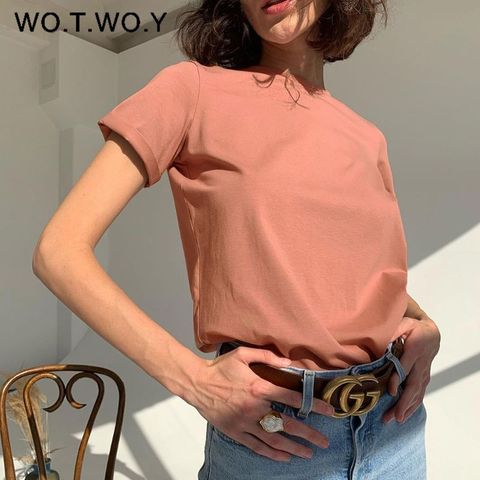 WOTWOY de algodón Casual Camiseta básica de las mujeres de manga corta de punto Camisetas Mujer sólida camisetas de verano de las señoras Tops Harajuku nuevo ► Foto 1/6