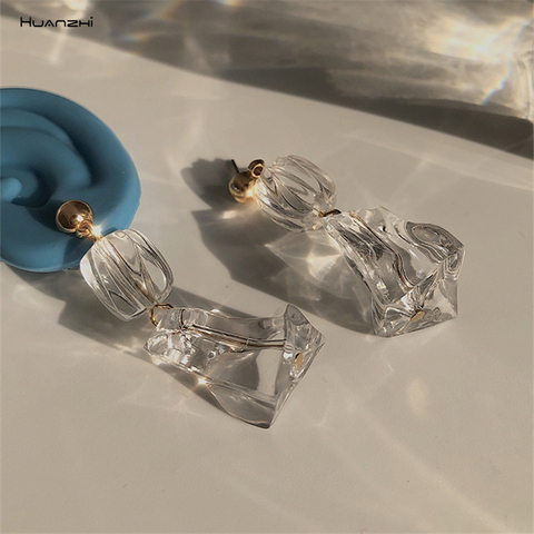 HUANZHI-pendientes de gota larga con forma de cubo de hielo para mujer y niña, aretes acrílicos irregulares, cristal transparente geométrico, joyería, 2022 ► Foto 1/6