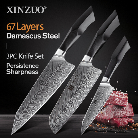 XINZUO-3 uds. De cuchillos de acero Damasco de Juego de Cuchillos de Cocina, cubiertos Newarrive muy afilado, Utilidad de Chef, Santoku, utensilios de cocina ► Foto 1/6