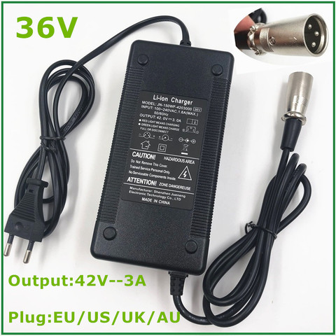 Cargador de batería de litio para bicicleta eléctrica 36V, salida 42V 3A, para paquete de batería de ion de litio 36V con enchufe XLR de 3 pines/ventilador de refrigeración de conector ► Foto 1/6