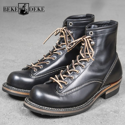 Botines Vintage de piel de vaca para hombre, botas casuales de encaje con punta redonda, zapatos de carga Unisex de talla grande ► Foto 1/5