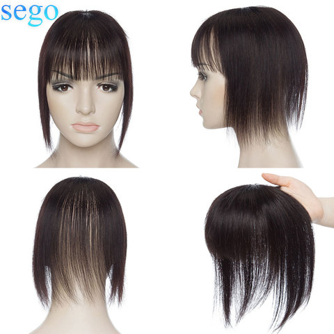 SEGO-Peluca de cabello humano liso para mujer, postizos naturales Remy con flequillo, tupé pequeño, 3 Clips ins, 10x10cm ► Foto 1/6