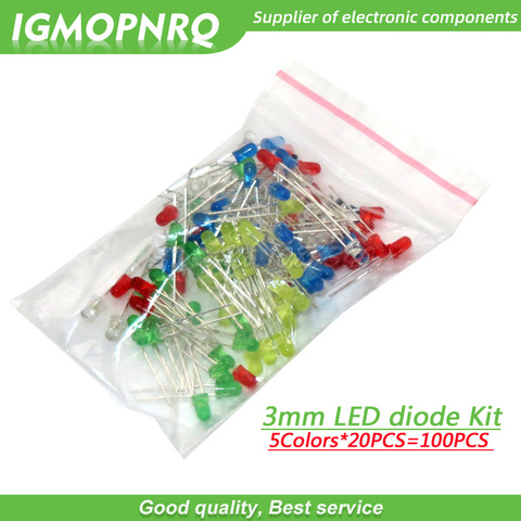 5Colors * 20 piezas = 100 piezas 3mm LED luz diodo Kit surtido blanco amarillo rojo verde azul cada 20 piezas componente del paquete ► Foto 1/2