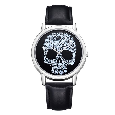 Reloj de pulsera de cuarzo con estampado de cabeza de calavera para mujer, reloj de pulsera femenino sencillo con correa de cuero ► Foto 1/3