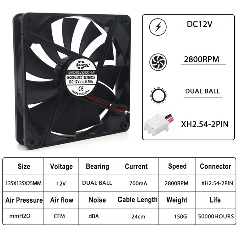 SXDOOL-rodamiento de bolas Dual para ordenador, 135mm, ventilador de refrigeración de PC, 13,5 cm, DC 12V, 2 pines, 135x135x25mm, 0,70a, 2800RPM, 108CFM, 1 Uds. ► Foto 1/5