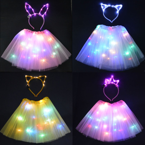 Tutú de luz LED brillante, falda con orejas de gato, conejo, corona, diadema, regalo de cumpleaños, ropa Led, decoración de disfraces de boda y Pascuas ► Foto 1/6