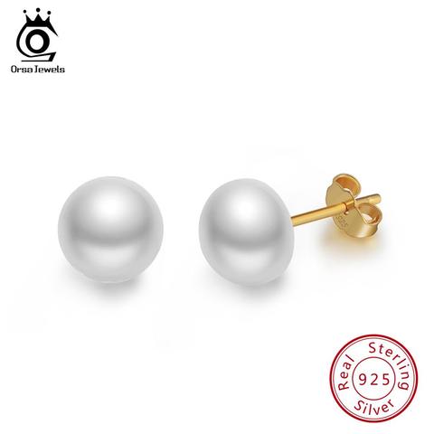 ORSA JEWELS-pendientes de tuerca Plata de Ley 925 auténtica para mujer, perlas de agua dulce auténticas, 8 MM, color dorado, joyería de fiesta femenina, SE86 ► Foto 1/6