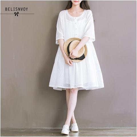 Vestidos japoneses nuevos Mori de verano para mujer, vestido blanco holgado  de 2 piezas de lunares, vestido elegante bonito de lino y algodón Kawaii -  Historial de precios y revisión | Vendedor