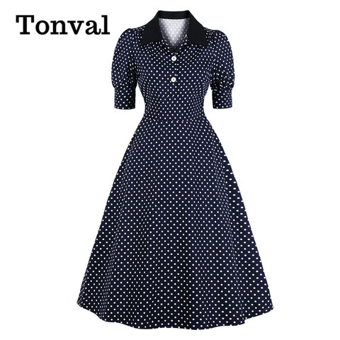 Tonval-Vestido largo de algodón con manga abotonada para mujer, vestido Midi elegante con estampado de lunares, Estilo Vintage, cintura alta ► Foto 1/6