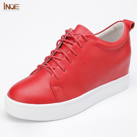 INOE moda genuino cuero de vaca ocasional primavera otoño zapatillas para las mujeres lace up ocio Zapatos negro blanco rojo 35-44 ► Foto 1/6