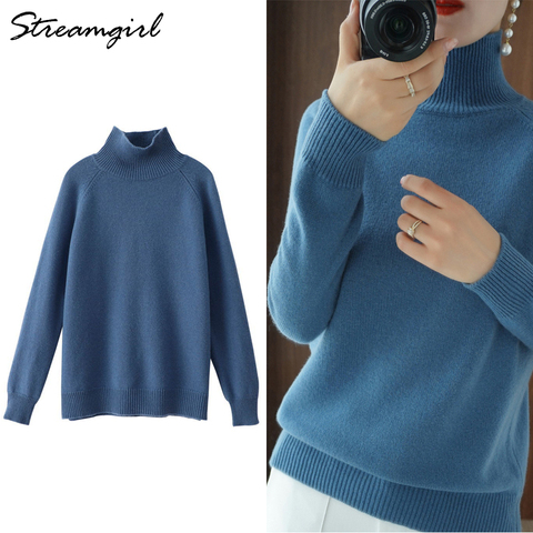 Streamgirl-suéter de cuello alto para mujer, Jersey de punto liso, blanco, azul, Primavera, Invierno ► Foto 1/6