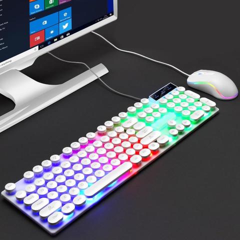 Teclado mecánico con cable y retroiluminación LED para ordenadores, juego de ratón para ordenadores portátiles con efecto de luces arcoíris ► Foto 1/6