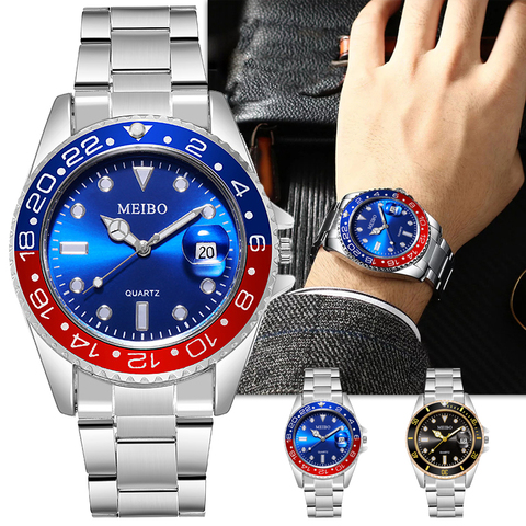 Reloj de negocios para hombre, esfera azul, fecha, banda de acero inoxidable, de pulsera, masculino ► Foto 1/6