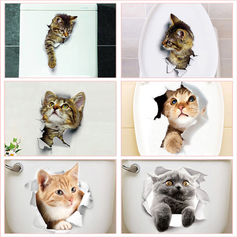 Pegatinas con diseño divertido de gato para baño, decoración del hogar, calcomanías de pared 3d vívidas de animales, arte Mural de Pvc ► Foto 1/6
