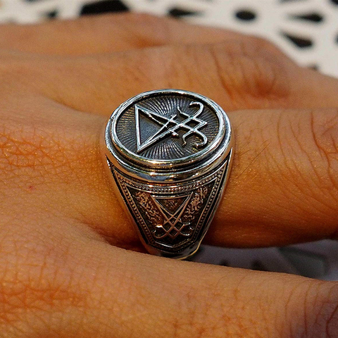 Anillo con sello de acero inoxidable de Lucifer de EYHIMD sigilo de Satan, anillo de ciclista gótico, joyería Unisex de ocultismo ► Foto 1/4