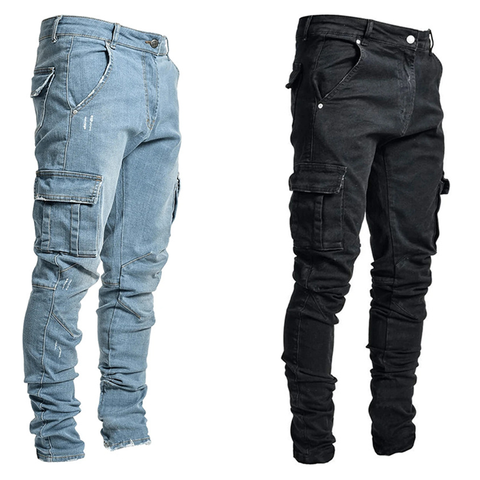 Pantalones vaqueros informales de algodón para hombre, Jeans Cargo con múltiples bolsillos, pantalones de Vaqueros pitillo Cargo ► Foto 1/5