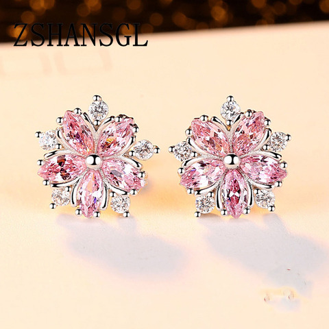 Pendientes de plata de primera ley con forma de flor de cerezo para mujer, aretes pequeños, plata esterlina, Circonia cúbica, zirconia, circonita, zirconita, color rosa ► Foto 1/4