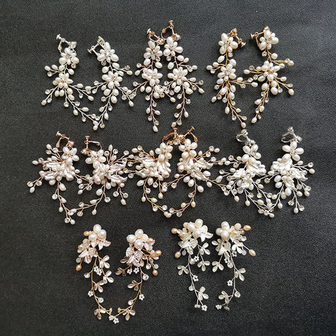 SLBRIDAL-pendientes de perlas de agua dulce para mujer, cristales de diamantes de imitación hechos a mano, pendiente de boda colgante, candelabro de novia, joyería ► Foto 1/6