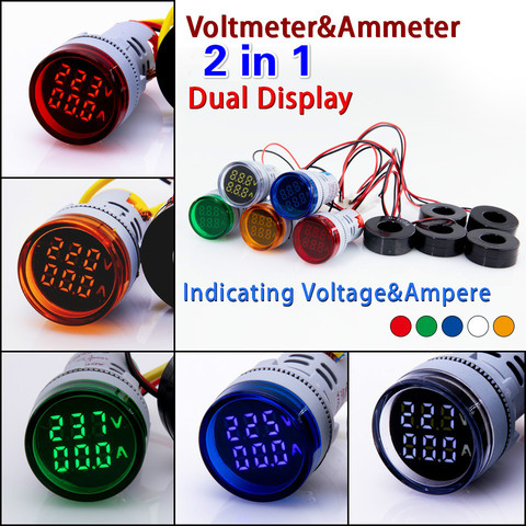 Mini voltímetro Digital amperímetro 22mm redondo AC 50-500V 0-100A Amp Volt voltímetro medidor de doble LED indicador de luz piloto ► Foto 1/6