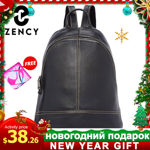 Zency-mochila de piel auténtica para mujer, morral escolar de estilo pijo, morral de viaje informal para vacaciones, color negro, 100% ► Foto 1/6