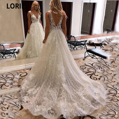 LORIE-vestidos de novia de encaje de color marfil, vestidos de novia brillantes de tul para playa, bohemios elegantes, vestidos de fiesta de boda con cola larga abierta ► Foto 1/5