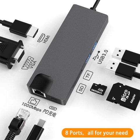 Lector SD/TF 8 en 1 Tipo C Hub USB tipo C a HDMI, VGA, USB, 3,0 puertos, RJ45, 1000M, USB-C, entrega de energía para MacBook Pro 3,1 ► Foto 1/6