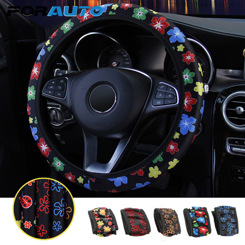 FORAUTO-protector para volante de coche, estampado de flores, antideslizante, elástico, 38cm, accesorios interiores universales ► Foto 1/6