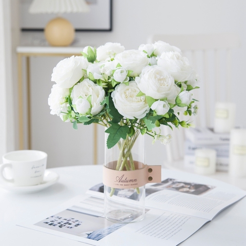 Flores artificiales rosas blancas, peonías de seda decorativas para boda, para decoración del hogar, ramo de novia, regalos artesanales de espuma, plantas falsas ► Foto 1/6