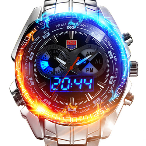 TVG-reloj analógico de acero inoxidable para hombre, accesorio de pulsera de cuarzo resistente al agua con pantalla LED, complemento masculino deportivo de marca de lujo con diseño binario azul militar ► Foto 1/6