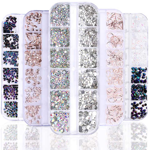 12 rejillas/caja de cristales coloridos para Nail Art, diamantes de imitación acrílicos, piedras para uñas, parte trasera plana, puntas brillantes, decoraciones para uñas 3D ► Foto 1/6