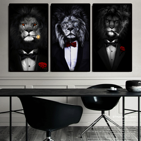 Divertido Animal león blanco y negro en traje, pósteres de lona e impresiones artísticos Animales abstractos pinturas en lienzo en la pared imágenes artísticas ► Foto 1/6