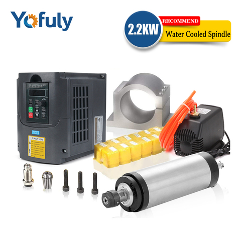 Motor de eje de husillo refrigerado por agua de 1.5kw/2.2kw, CNC + 2.2KW VFD + abrazadera de 80mm + bomba de agua + 13 Uds ER20 Collet para enrutador CNC ► Foto 1/6