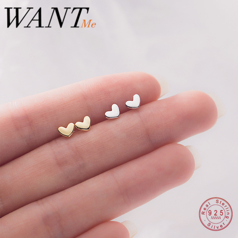 WANTME-pendientes de corazón de amor minimalistas para mujer, de plata de ley 100% auténtica, Mini pendientes de abrochar de corazón pequeño, regalo de joyería para estudiante y adolescente ► Foto 1/6