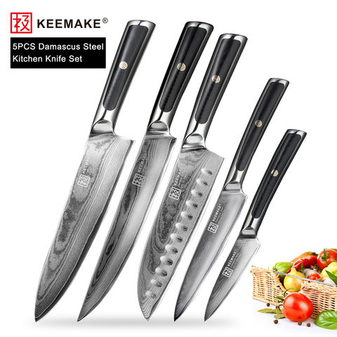 KEEMAKE-herramienta de corte de carne, 5 uds., Juego de cuchillos de cocina Chef, Santoku, cuchillo de cocina Damascus VG10, acero afilado, mango G10 ► Foto 1/6